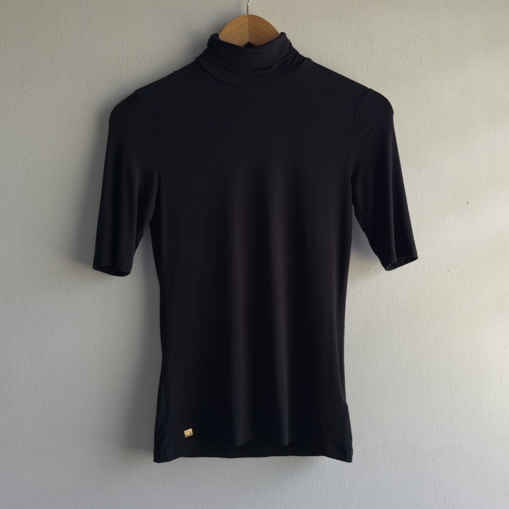 Lauren Ralph Lauren Elbow Sleeve Turtleneck Top Womens XS Black Minimalist LRL